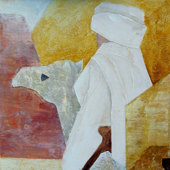 Acrylbild mit einem Wüstenreiter, inspiriert durch eine Tunesien Reise